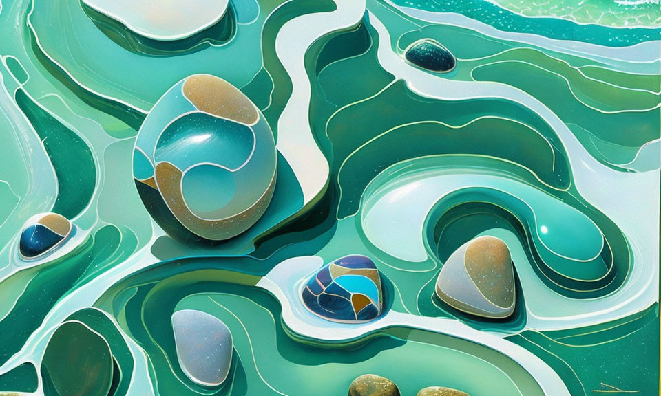 Colorful Abstract Painting with Stone Shapes and Oceanic Patterns