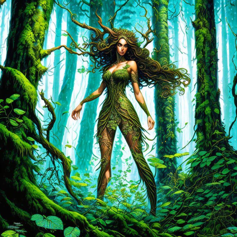 Fantastical woman with tree-like features in vibrant forest