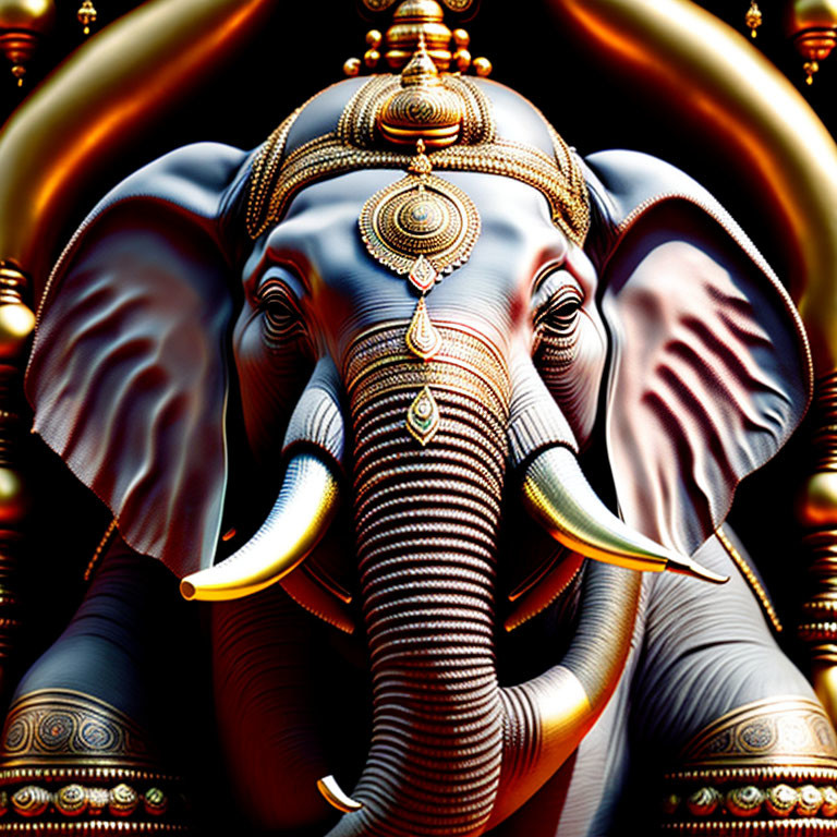 Ornate gold and jewel adorned elephant on dark background