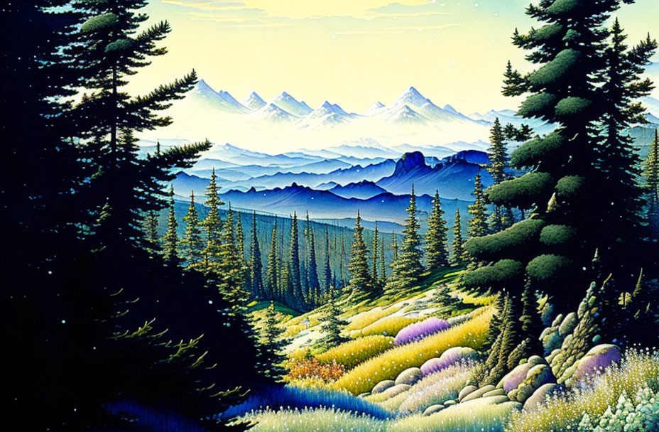 Colorful forest scene with evergreens, meadow, and mountains under blue sky