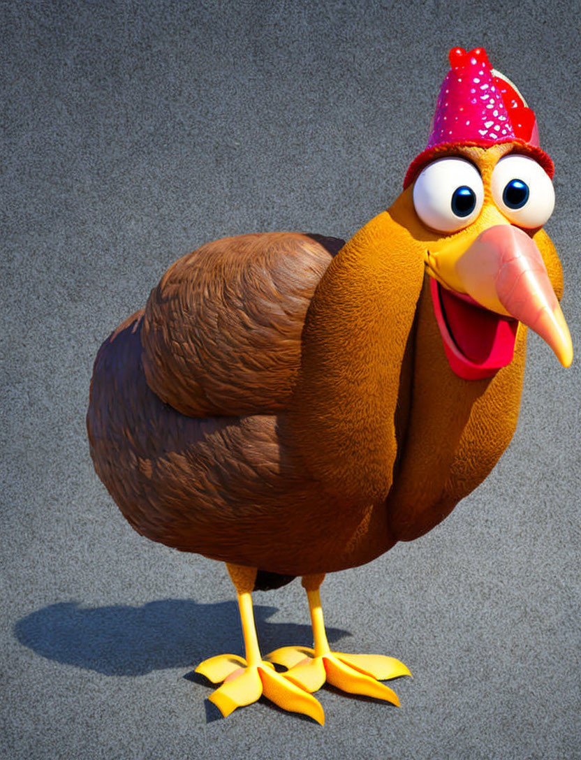 Cartoon chicken with round body and yellow legs on grey background