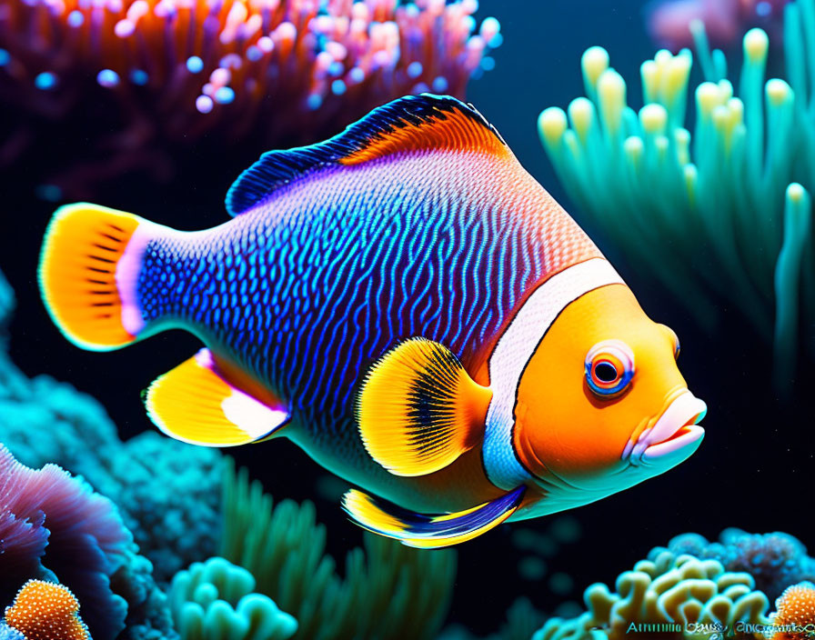 Vibrant blue and orange tropical fish near coral in underwater scene