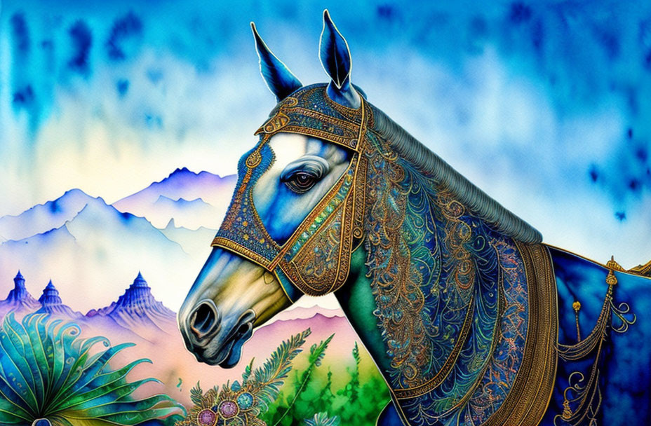 Vibrant Horse Illustration with Mountain and Temple Background