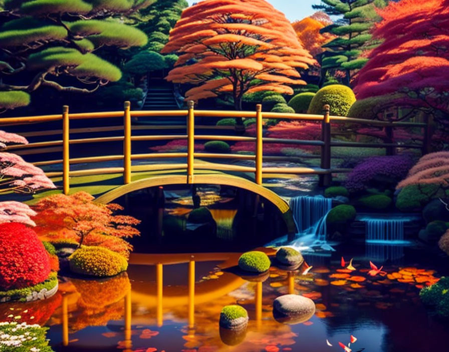 Tranquil Japanese garden with golden bridge, autumn trees, waterfall, koi pond