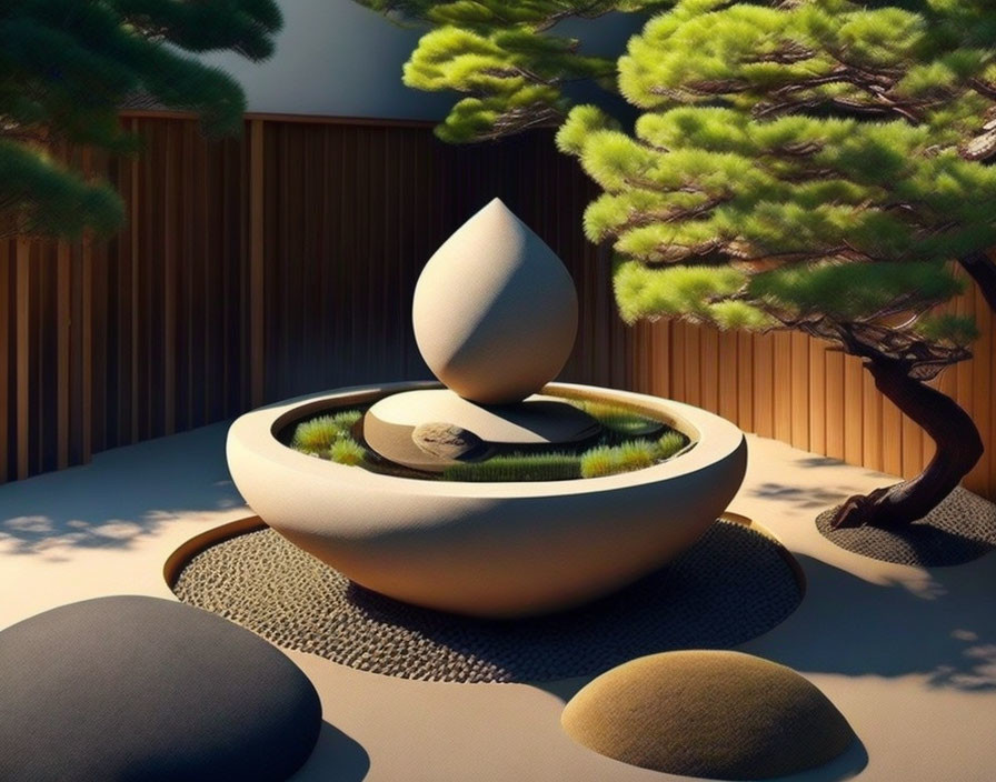 Tranquil Zen garden with stone basin, water droplet feature, pebbles, bonsai