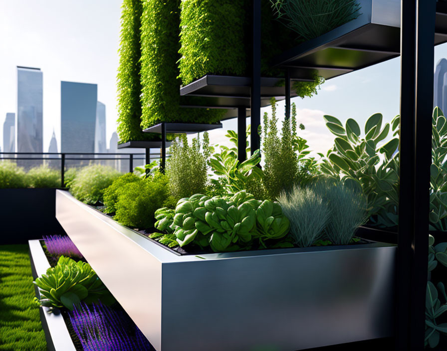 Urban balcony garden with greenery and skyscraper backdrop.