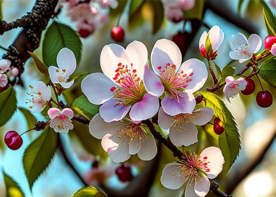 Delicate pink cherry blossoms with prominent stamens on blurred blue sky background