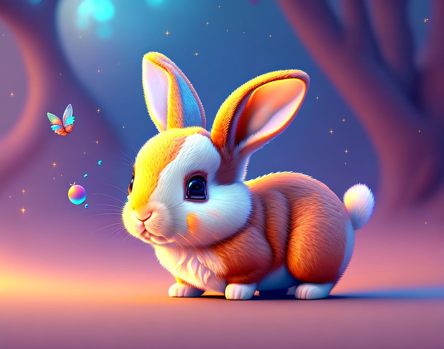 Colorful digital artwork: Whimsical rabbit with glowing ears in magical forest.