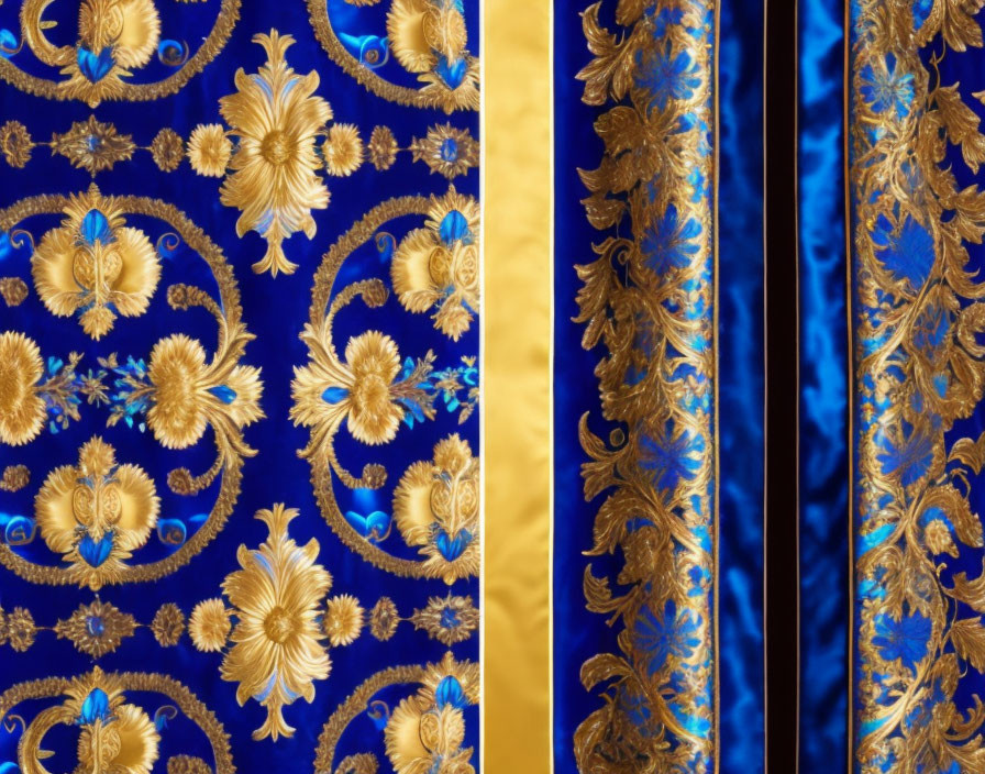 Blue and Gold Embroidered Fabric with Floral and Leaf Patterns and Vertical Yellow Stripe