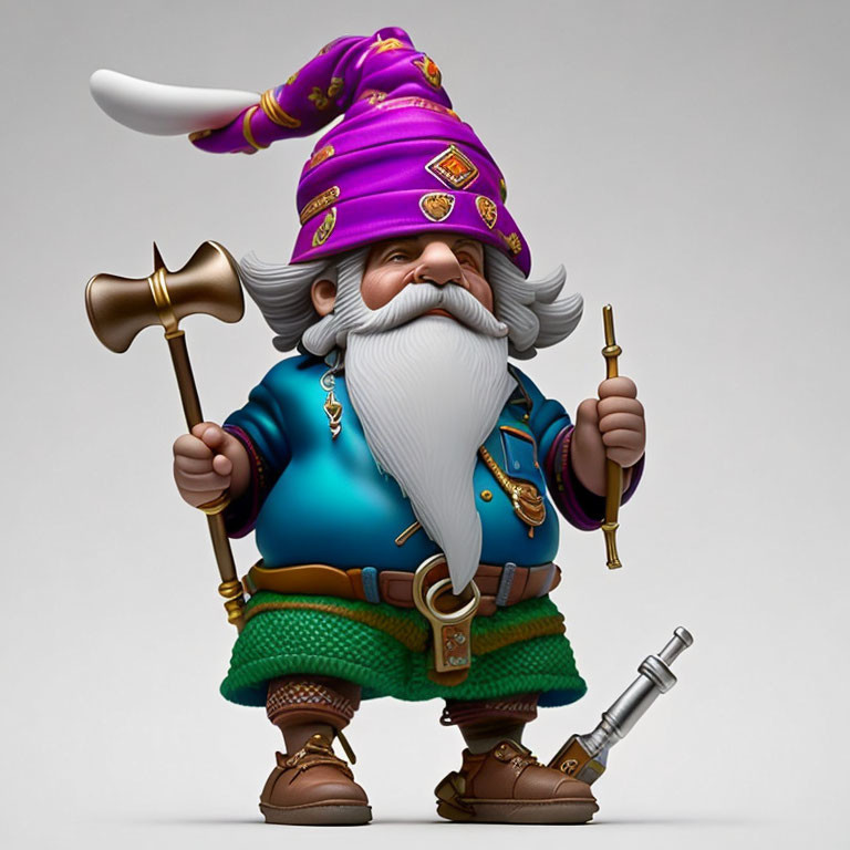 Colorful 3D illustration of fantasy gnome with axe