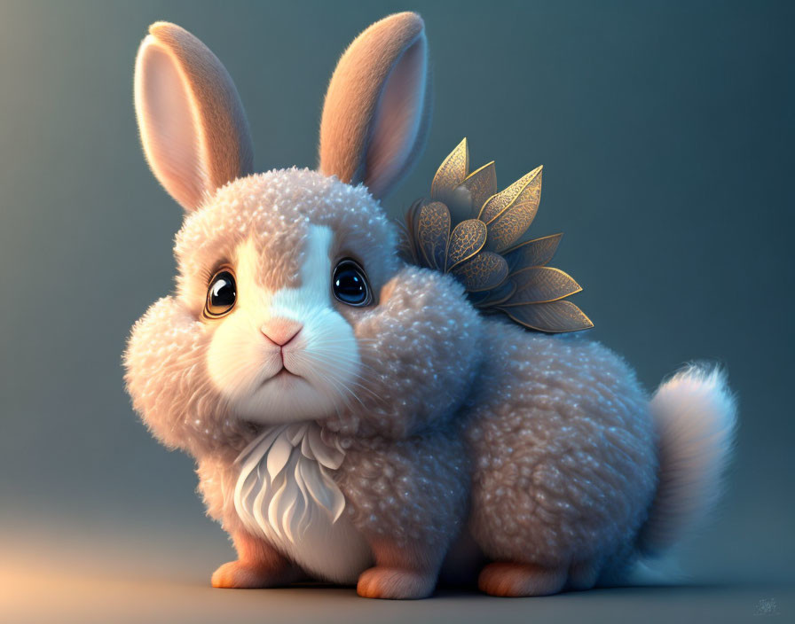 Stylized fluffy bunny with wide eyes and leafy back design