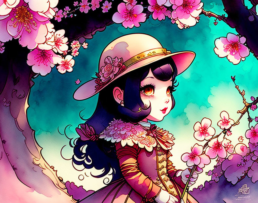 Girl with Large Eyes in Beige Hat and Ornate Dress Surrounded by Pink Blossoms