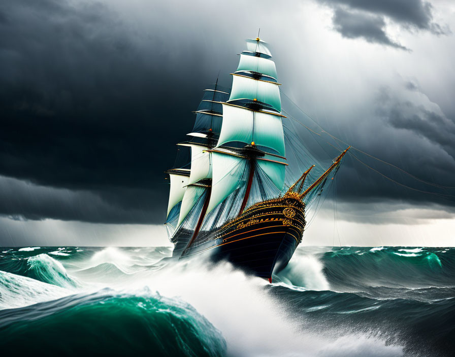 Sailing ship with green sails in stormy seas