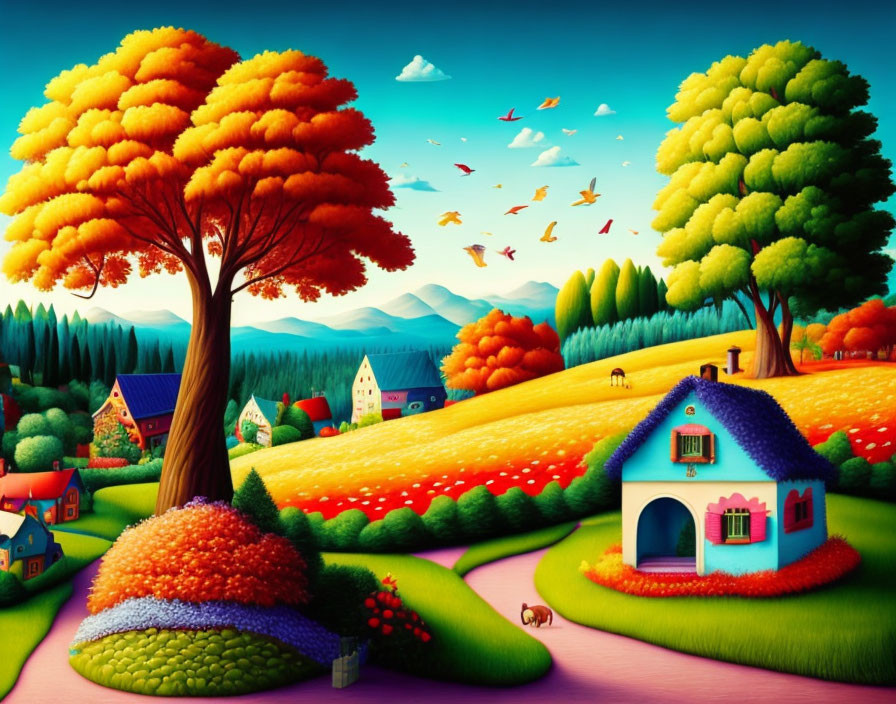 Colorful surreal landscape with whimsical houses and rolling hills.