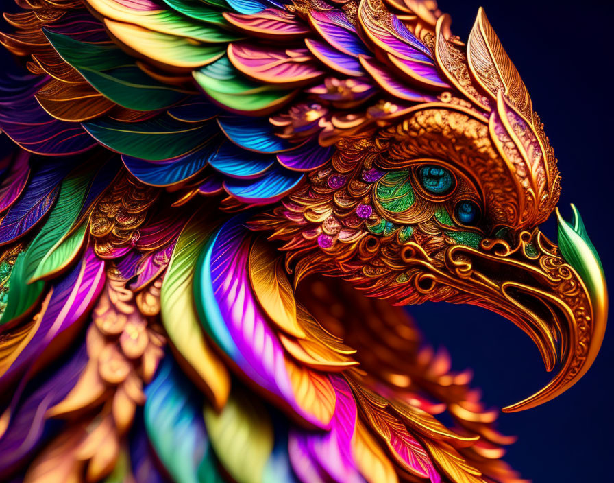 Colorful Mythical Bird with Detailed Feathers on Dark Background