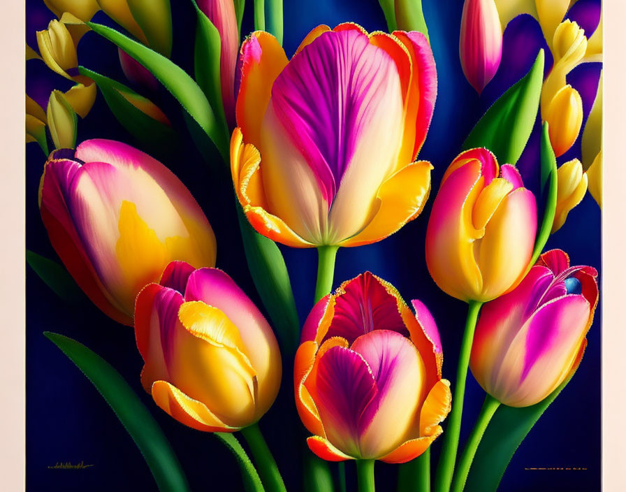 Colorful Tulips in Pink, Yellow, and Purple on Deep Blue Background