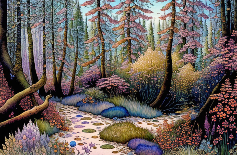 Vibrant forest illustration with colorful plants and trees