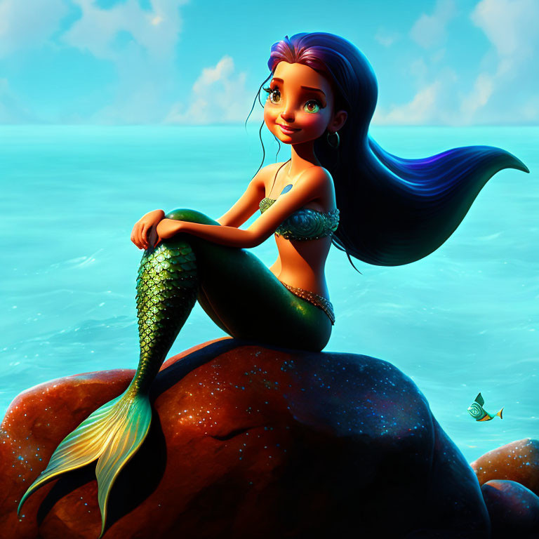 Animated smiling mermaid with purple hair on rock above ocean, ship in distance