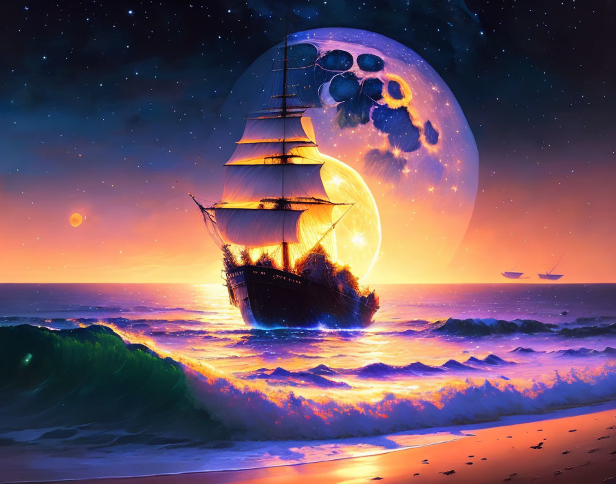 Artwork: Sailing ship on ocean waves at sunset with fantastical moon and floral details