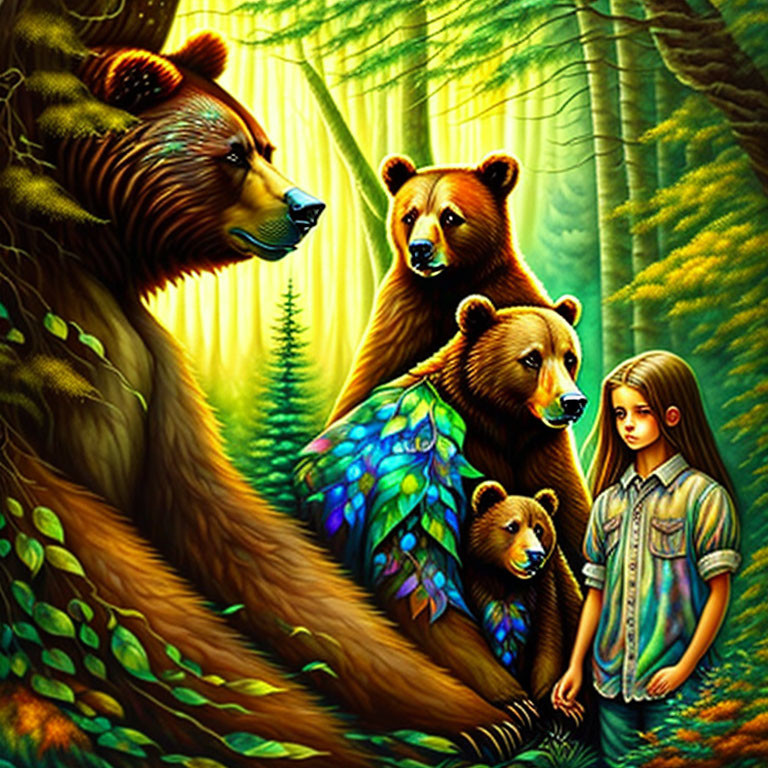 Illustration of girl with long hair in forest with bears under green canopy