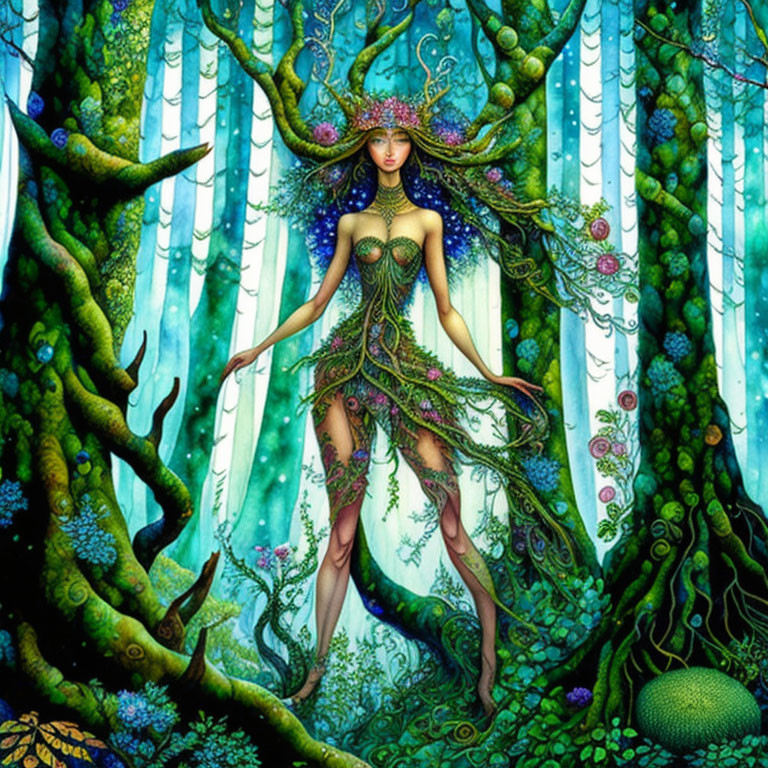 Woman merging with tree roots in mystical forest scene with lush greenery and luminescent blues and pur