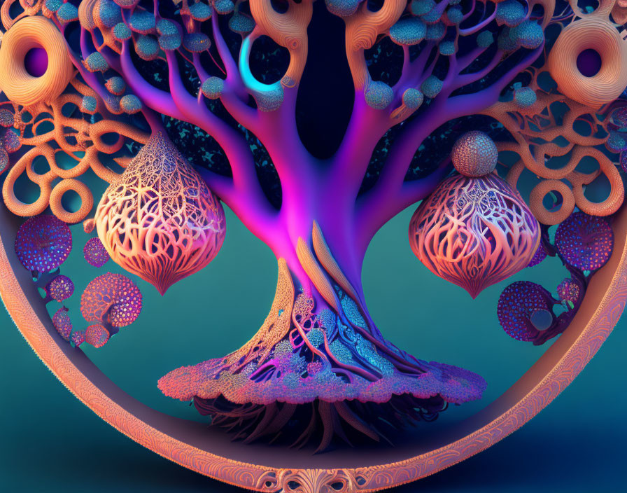 Colorful surreal tree illustration with fractal patterns and orbs on abstract background