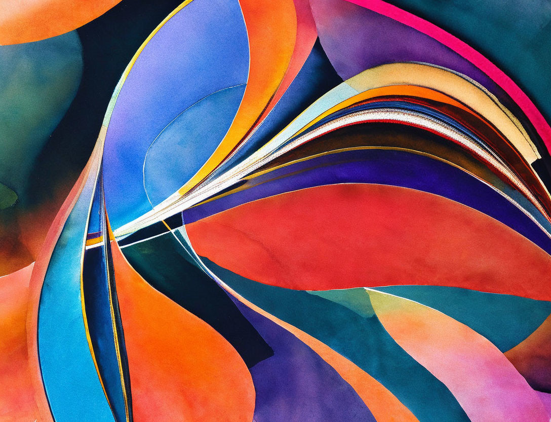 Colorful Abstract Painting with Overlapping Curves and Bold Brushstrokes