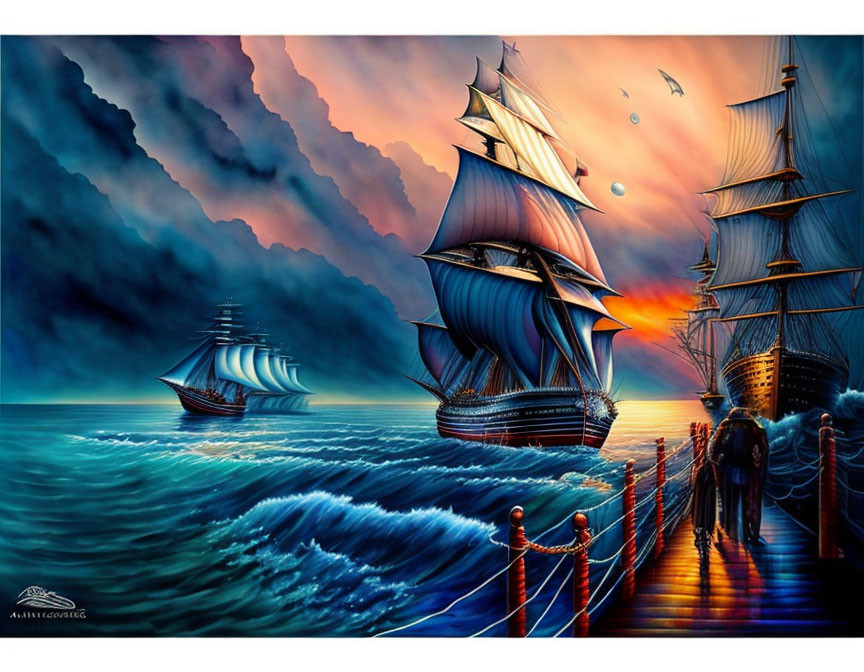 Majestic sailing ships on vibrant ocean at sunset with dramatic clouds.