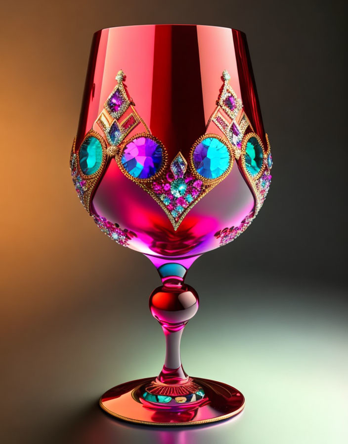 Red Wine Glass with Colorful Jewels and Intricate Patterns on Gradient Background