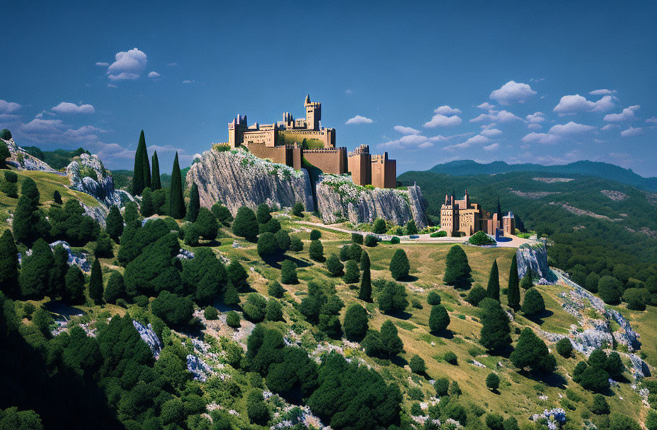 Majestic castle on hill with lush greenery and cliffs under blue sky