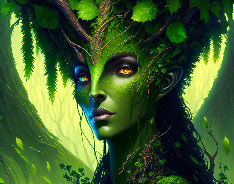 Green-skinned female with yellow eyes and foliage, resembling a mystical forest spirit