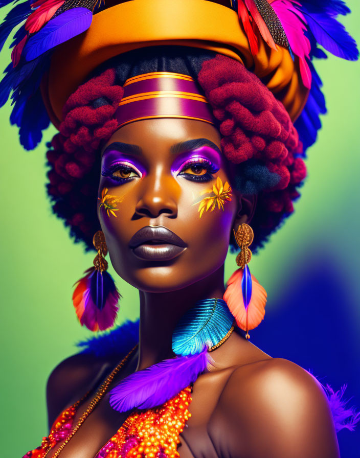 Colorful makeup portrait with purple eyeshadow and feathered accessories.