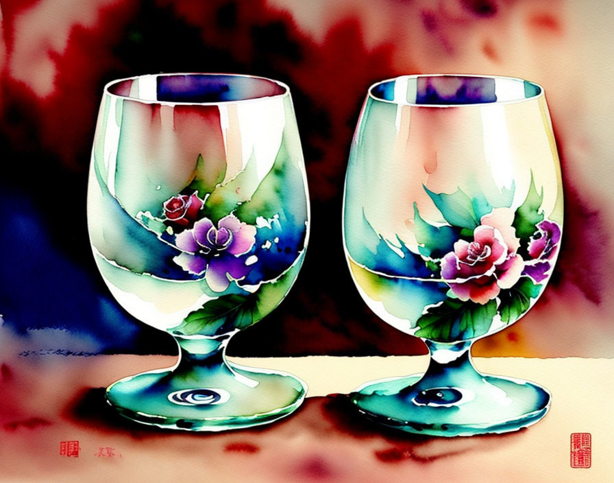 Hand-Painted Wine Glasses with Floral Motifs on Watercolor Background