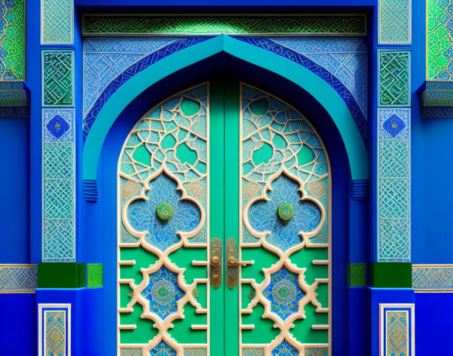 Blue and Turquoise Ornate Door with Islamic Patterns and Gold Accents