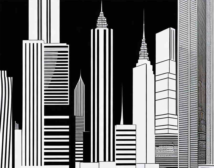 Monochromatic stylized urban skyline with diverse skyscraper designs