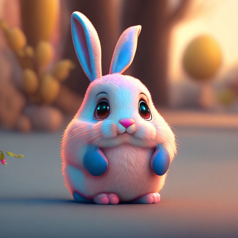 Stylized animated bunny with large eyes and pink & blue fur on warm background