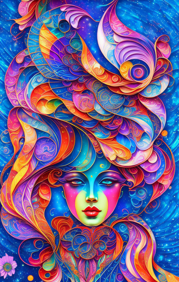 Surreal woman with flowing hair in vivid cosmic artwork