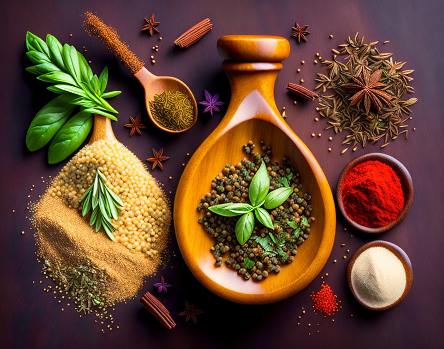 Vibrant spices and herbs on dark surface: star anise, basil, coriander,