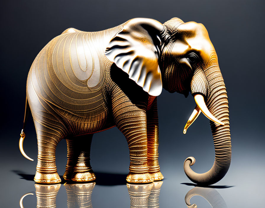 Intricate golden elephant sculpture on dark reflective surface