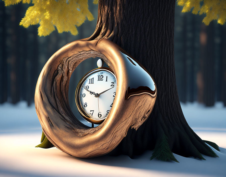 Surreal melting clock in hollow tree, twilight forest scene