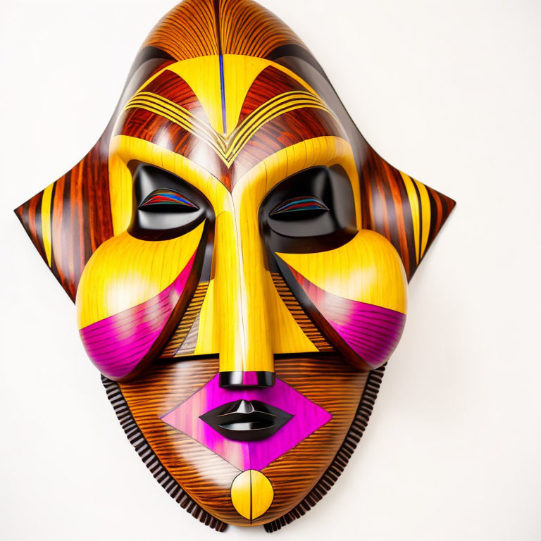 Colorful abstract geometric mask with facial features on white background