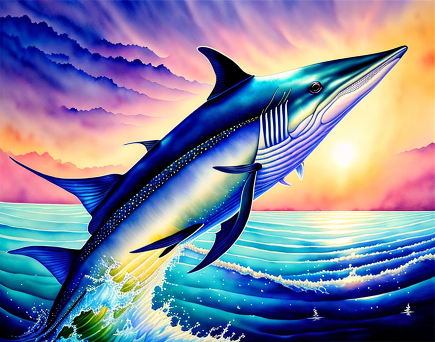 Colorful digital artwork: leaping marlin in vibrant sunset ocean