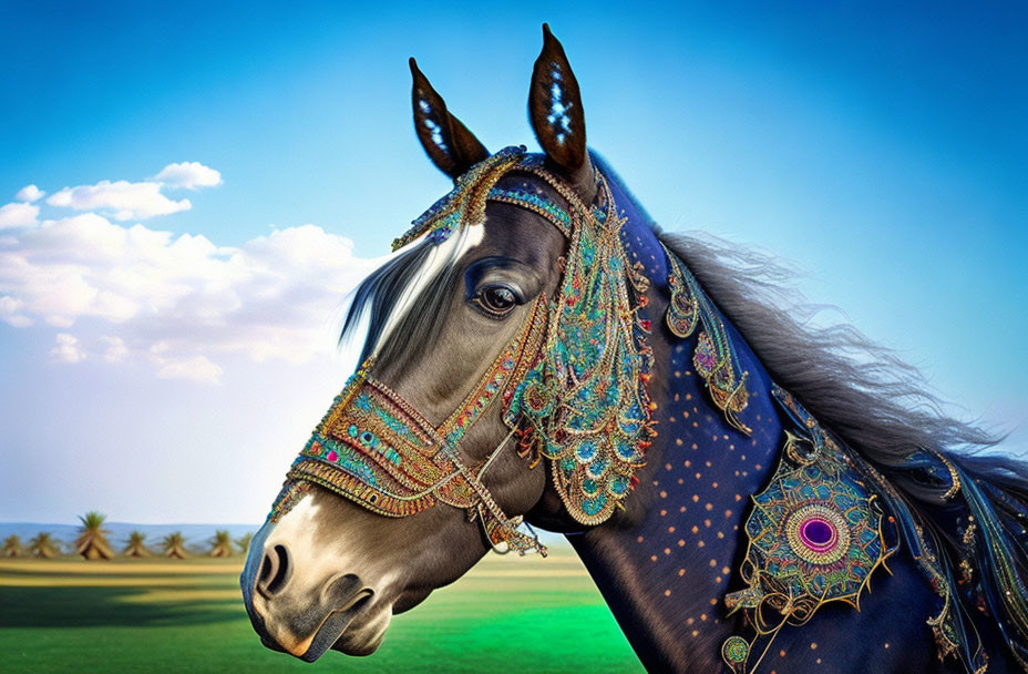 Colorful Bridled Horse in Landscape with Palm Trees