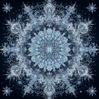 Symmetrical snowflake with intricate patterns on dark background