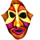 Colorful abstract geometric mask with facial features on white background