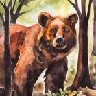 Brown Bear in Forest Illustration: Stylized depiction of bear amidst trees and foliage.