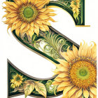 Intricate 3D sunflower and leaf patterns on ornate letter R