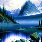 Mystical landscape with blue lake, pine trees, mountains, and twilight sky