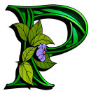 Vibrant green leaves and blue flower form artistic letter "P" on white background