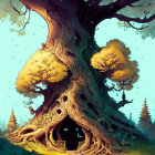 Illustrated magical tree with hollow trunk, door, windows, golden foliage, teal sky